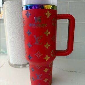 Stanley LV Engraved Red 40oz Tumbler Rainbow pattern Stainless Steel Cup